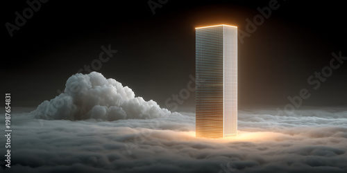Futuristic server tower glowing with light symbolizing cloud computing data storage security scalability and advanced corporate technology infrastructure concept visualization
