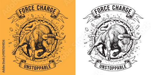 Force Charge Unstoppable Powerful Bull Bursting Through Wall Emblem