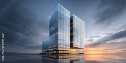 Ultra premium corporate headquarters rising with glass architecture reflecting sunrise symbolizing luxury brand identity global expansion and executive business excellence vision