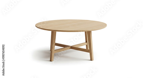 A clean studio product shot of a round wooden table with a minimalist Scandinavian design.