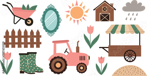Farm and Gardening Icon Set Featuring Tractor, Barn, Fence, Flower, and Seasonal Elements for Rural, Agriculture, and Outdoor DesignsFarm and Gardening Icon Set Featuring Tractor, Barn, Fence, Flowe
