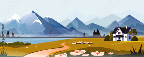 Mountain Valley House Scene. Vector illustration