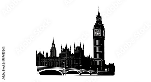 London Big Ben and Houses of Parliament Vector Silhouette