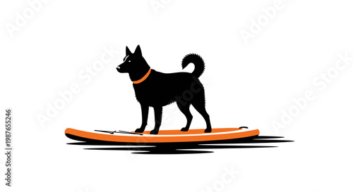 Dog Silhouette Standing on a Paddleboard Vector Illustration