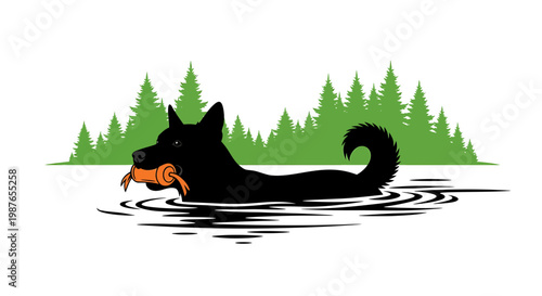 Swimming Dog Silhouette with Training Dummy and Evergreen Trees