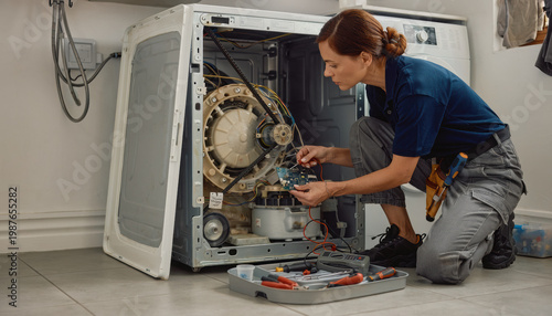 Washing machine repair appliance maintenance female technician home service electronic circuit tool box modern laundry professional repair