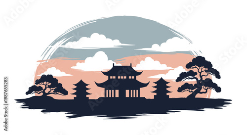Japanese Pagoda Temple Silhouette Vector Illustration at Sunset