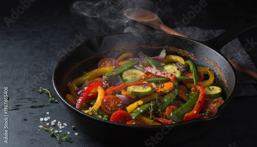 Vegetable skillet stir fry colorful steaming cast iron dinner rustic healthy cooked vegetable skillet stir fry colorful steaming cast iron dinner