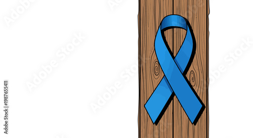 Blue awareness ribbon illustration on wood background with copy space