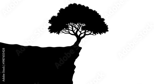 Lone Tree Silhouette on a Cliff Edge Vector Illustration