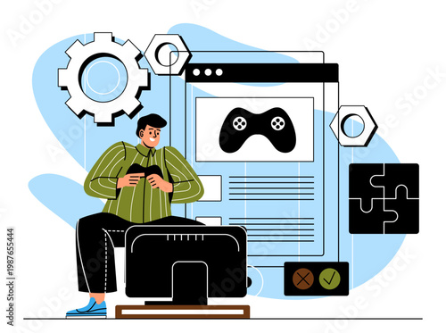 Game development concept scene. Vector illustration
