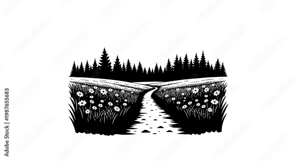 Obraz premium Vintage Woodcut Style Landscape with Flower Field and Forest Path