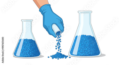 Hand in Glove Pouring Blue Plastic Granules into Lab Flasks