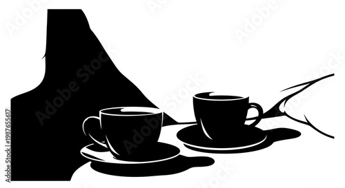 Silhouetted Coffee Cups and Two People Talking Vector Illustration