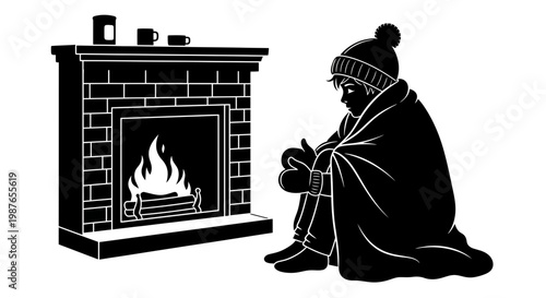 Person wrapped in blanket warming up by fireplace vector silhouette