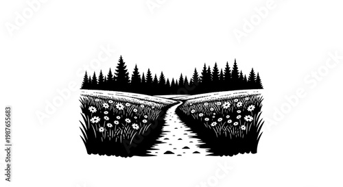 Vintage Woodcut Style Landscape with Flower Field and Forest Path