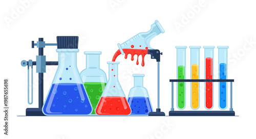 Science laboratory glassware with colorful liquids vector illustration