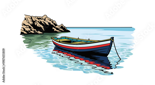Vector illustration of a colorful fishing boat in a calm bay