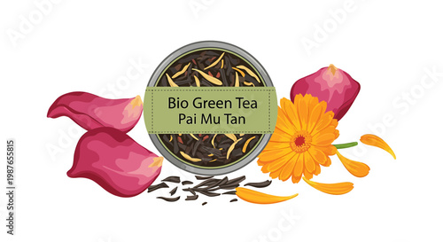 Bio Green Tea Pai Mu Tan Loose Leaf Tea Illustration