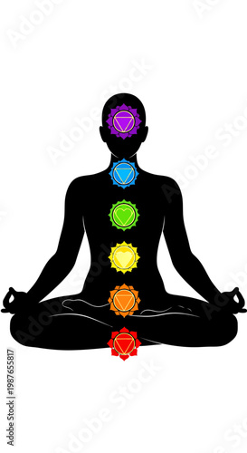 Meditation Silhouette with Seven Chakra Energy Centers Illustration