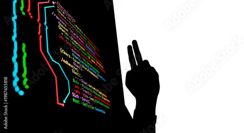 Programmer Hand Silhouette Interacting with Colorful Software Code