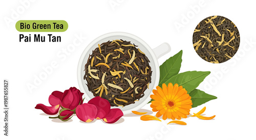 Pai Mu Tan White Tea Illustration with Rose and Calendula Flowers