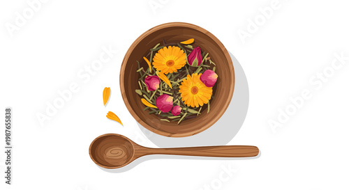 Top view vector illustration of herbal tea with flowers in bowl