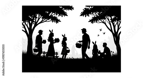 Black Silhouette Vector of Family Easter Egg Hunt in a Park