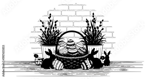 Easter Basket with Patterned Eggs and Bunnies Vector Illustration