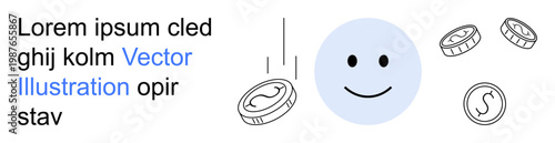 Finance, investment opportunities, wealth growth, saving strategies, monetary concepts, budgeting. Smiling face with falling coins income and savings. Finance and investment opportunities concept
