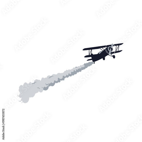Vintage Biplane Flight Vector Illustration with Smoke Trail