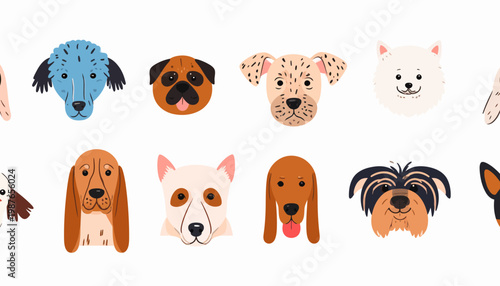 Collection of various dog breeds cartoon faces.