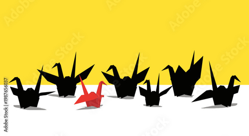 Red Origami Crane Standing Out from Black Birds Illustration
