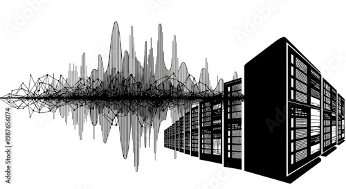 Data Center Server Racks with Abstract Digital Waveform Vector