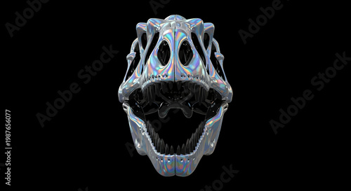 Holographic Iridescent T-Rex Skull Digital Art on Black Background