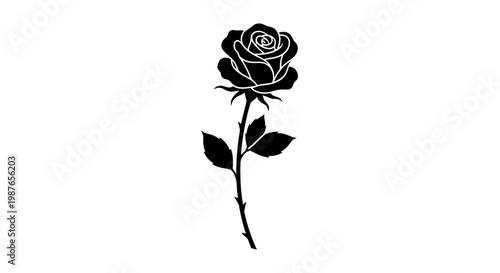 Black Rose Silhouette Vector Illustration with Stem and Leaves