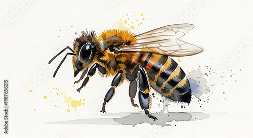 A watercolor painting of a honey bee in side view, with soft brush strokes and blended colors.