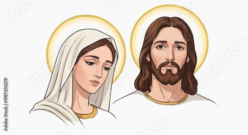 Jesus Christ and Virgin Mary Religious Faith Illustration