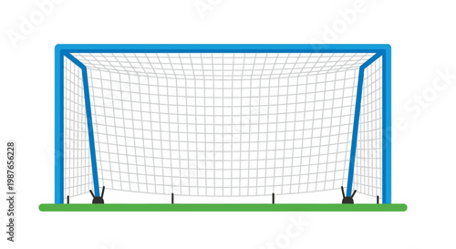 A brightly colored soccer goal with a green grass base