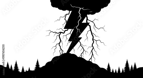 Lightning Bolt Striking Forest Hill Silhouette Vector Illustration