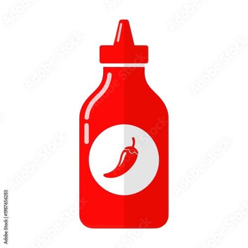 Red Chili Sauce Bottle with Pepper Icon, Vector Illustration