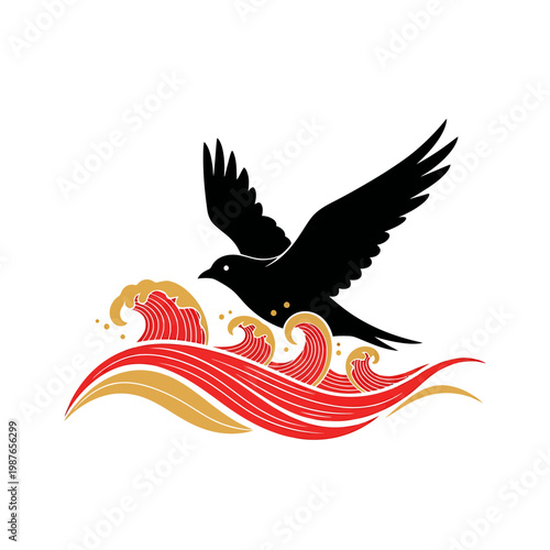 Japanese Style Bird Silhouette Flying over Red and Gold Waves