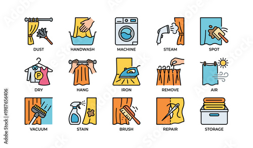 Laundry symbols and garment care instructions illustrated in colorful icons