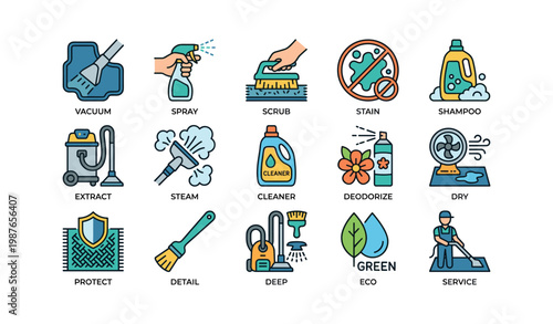 Cleaning icons collection: vacuum, spray, scrub, stain removal, eco-friendly tools