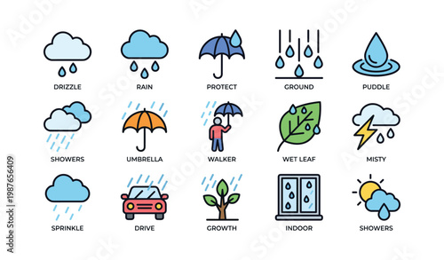 Colorful weather icons featuring rain, umbrellas, and stormy clouds