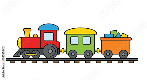 Colorful cartoon train with a red engine green carriage and orange freight car