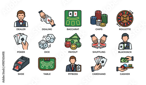 Casino game icons set featuring dealer, roulette, poker, chips, shuffling, dice, payout