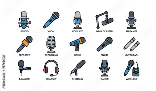 Various microphone types with headsets and accessories