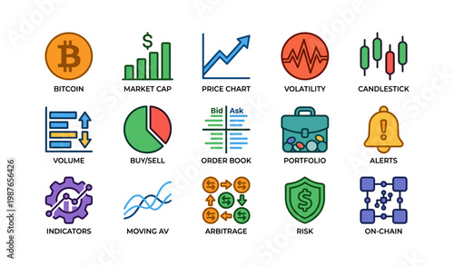 Cryptocurrency icons: market cap, volatility, candlestick, portfolio, risk