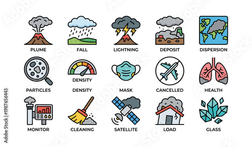 Set of 15 colorful natural disaster and health impact icons